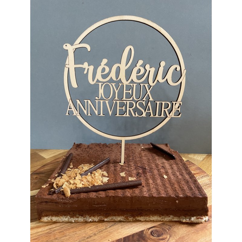 Cake Topper Joyeux Anniversaire dans un cercle, en bois Exotique Foncé ou  Clair