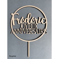 Cake Topper  Joyeux Anniversaire dans un cercle, en bois Exotique Foncé ou Clair