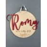 Médaillon rond en bois personnalisé,  Prénom et date de Naissance Bois et prénom peint