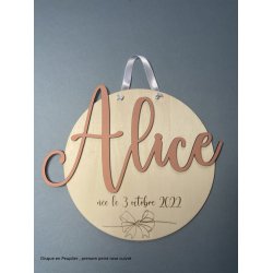 Médaillon rond en bois personnalisé,  Prénom et date de Naissance Bois et prénom peint