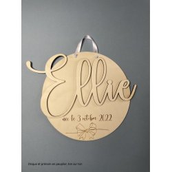 Médaillon rond en bois personnalisé,  Prénom et date de Naissance Bois et prénom peint