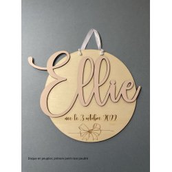 Médaillon rond en bois personnalisé,  Prénom et date de Naissance Bois et prénom peint