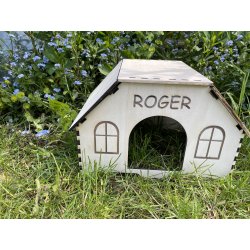 Maison en bois personnalisée pour lapin - Nom et décor au choix