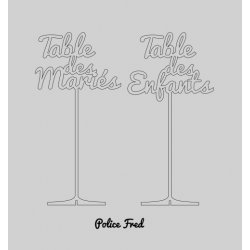Nom de Table des Mariés ou Enfants, en Plexiglas transparent, or et couleurs, sur pic ou support