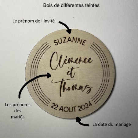 Sous Verre 3 personnalisations : nom des mariés, date du mariage et prénom de l'invité (modèle Clem)
