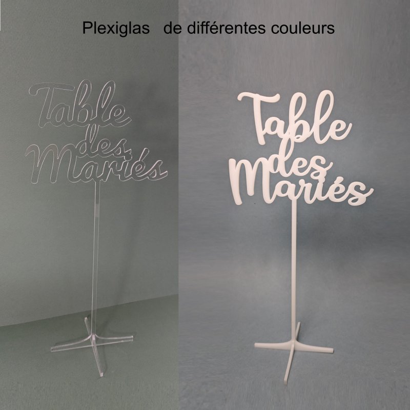 Nom de Table des Mariés ou Enfants, en Plexiglas transparent, or et couleurs, sur pic ou support
