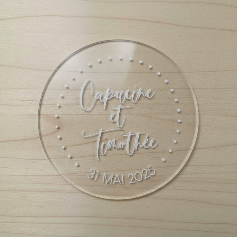 Sous Verre  plexiglas 2 personnalisations : nom des mariés et date du mariage (modèle Clem)
