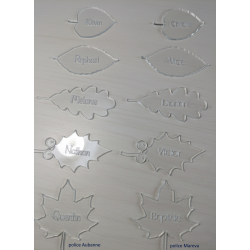 Feuille,  Marque Place en plexiglas gravé.