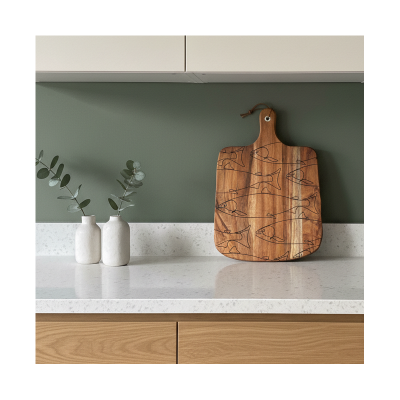 Poissons de ligne, Planche en Acacia, 30 cm x 45 cm, gravée.