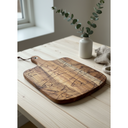 Poissons de ligne, Planche en Acacia, 30 cm x 45 cm, gravée.