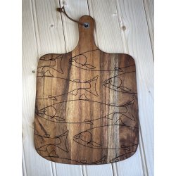 Poissons de ligne, Planche en Acacia, 30 cm x 45 cm, gravée.