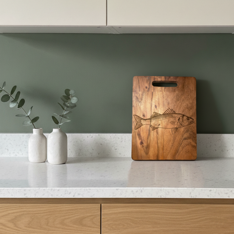 Planche en Acacia, gravée poissons "Le Bar".