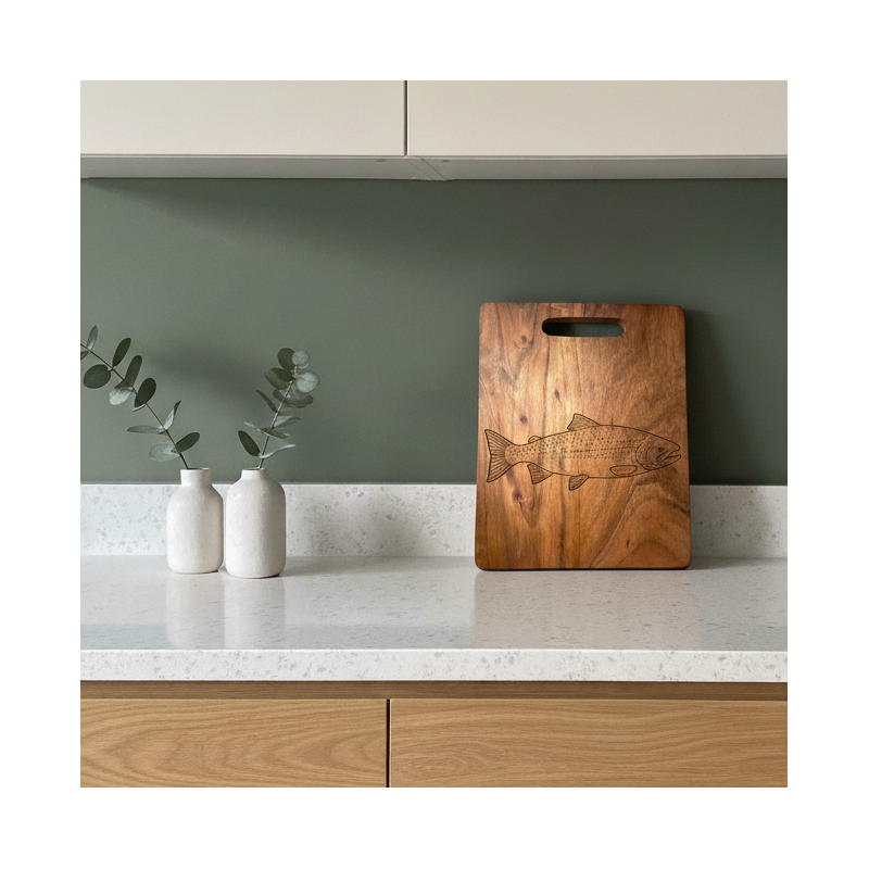 Planche en Acacia, gravée poissons "La Truite".