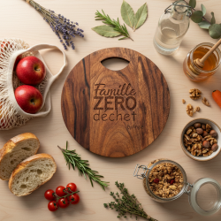 Planche en acacia gravée – Famille Zéro Déchet