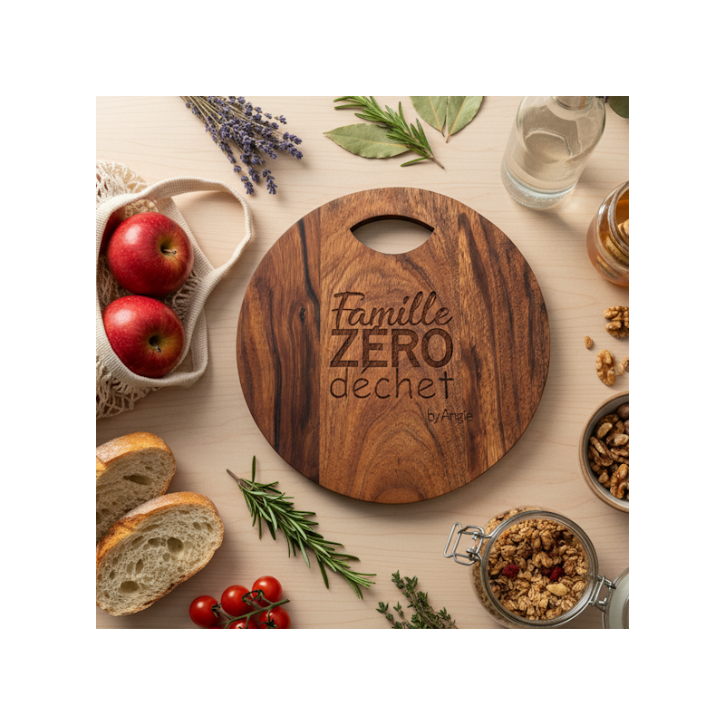 Planche en acacia gravée – Famille Zéro Déchet
