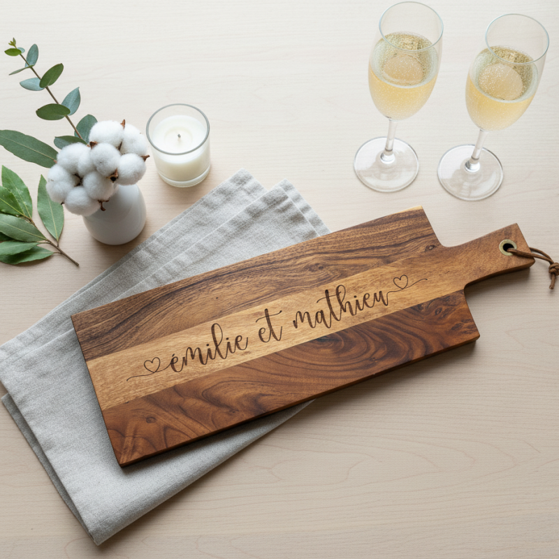 Les deux prénoms d'un couple amoureux, Planche en Acacia gravée