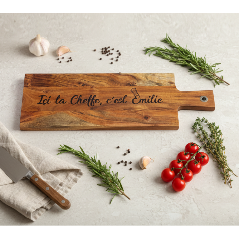 Ici le / la Chef(fe) c'est "votre prénom", planche en Acacia