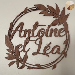 Couronne avec deux prénoms, bois  - Feuilles.