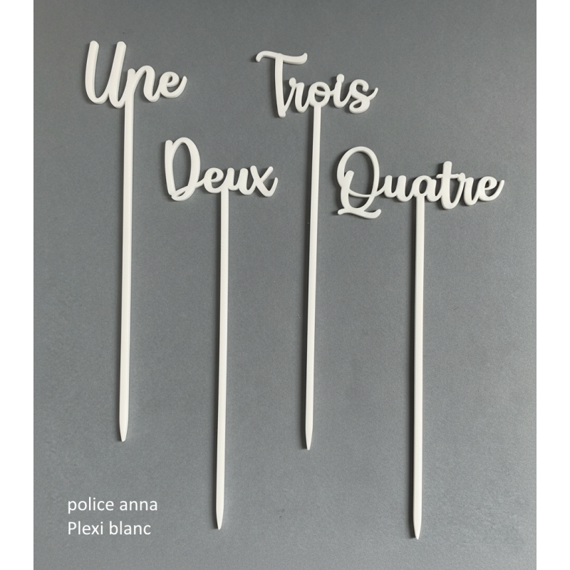 Numéro en Lettres, en PLEXI, transparent, or et couleur, sur pic ou support