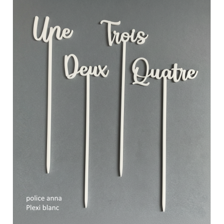 Numéro en Lettres, en PLEXI, transparent, or et couleur, sur pic ou support