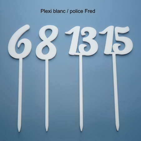 Numéro en chiffre, en PLEXI, transparent, or et couleur, sur pic ou support