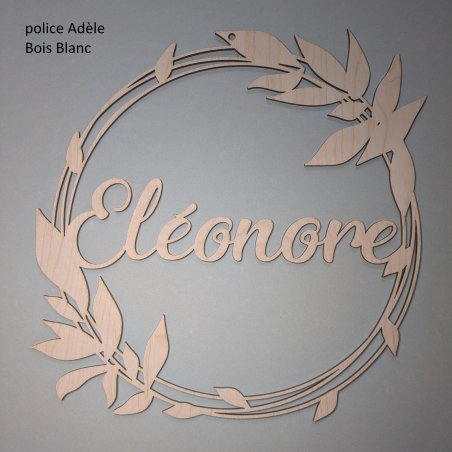 Couronne avec un  prénom, Bois , Feuilles et un chat