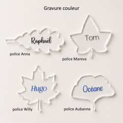 Feuille,  Marque Place en plexiglas gravé.