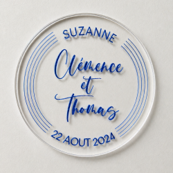 Sous Verre plexiglas 3 personnalisations : nom des mariés, date du mariage et prénom de l'invité (modèle Clem)